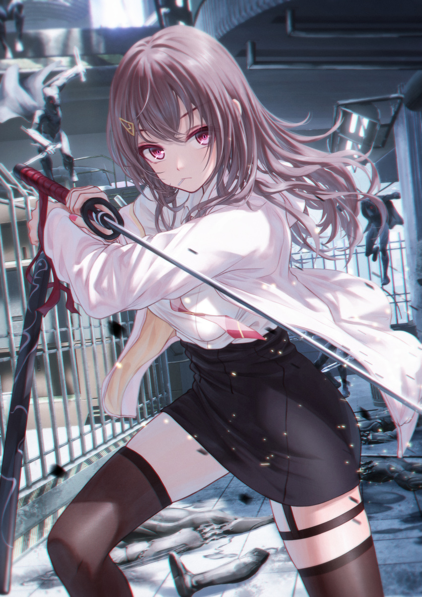 1girl absurdres android bae.c bangs black_skirt breasts brown_hair brown_legwear closed_mouth collared_shirt english_commentary eyebrows_behind_hair hair_between_eyes hair_ornament hairclip highres holding holding_sword holding_weapon jacket katana long_hair medium_breasts mouth_hold nail_polish open_clothes open_jacket original pencil_skirt pink_nails pink_neckwear purple_eyes railing sheath shirt skirt solo standing sword thighhighs unsheathed weapon white_jacket white_shirt