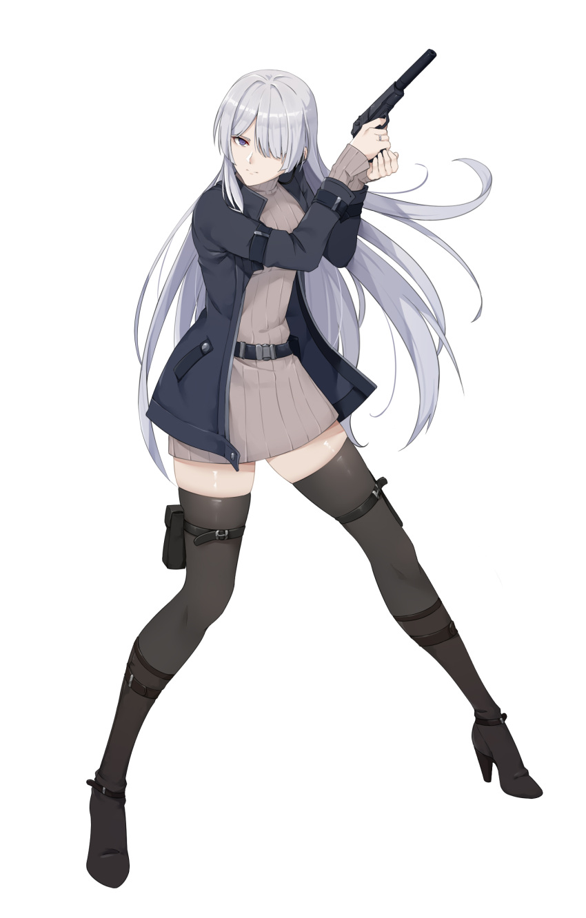 1girl ak-15_(girls'_frontline) belt black_footwear black_legwear blue_jacket boots brown_sweater chinese_commentary closed_mouth commentary_request eyebrows_visible_through_hair full_body girls'_frontline gun hair_over_one_eye handgun high_heel_boots high_heels highres holding holding_gun holding_weapon jacket jewelry knee_boots long_hair looking_at_viewer mp443 open_clothes open_jacket purple_eyes ring silver_hair solo standing sweater thighhighs turtleneck turtleneck_sweater very_long_hair weapon white_background wsfw