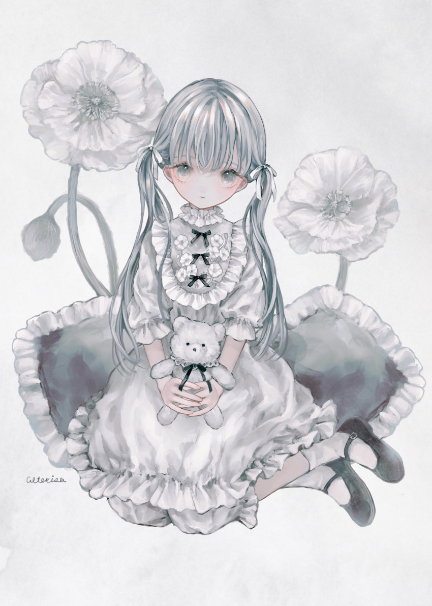 1girl absurdres anemone_(flower) blouse cotolier_risa dress flower frills highres lolita_fashion original petticoat skirt solo stuffed_animal stuffed_toy teddy_bear twintails white_eyes white_hair white_theme