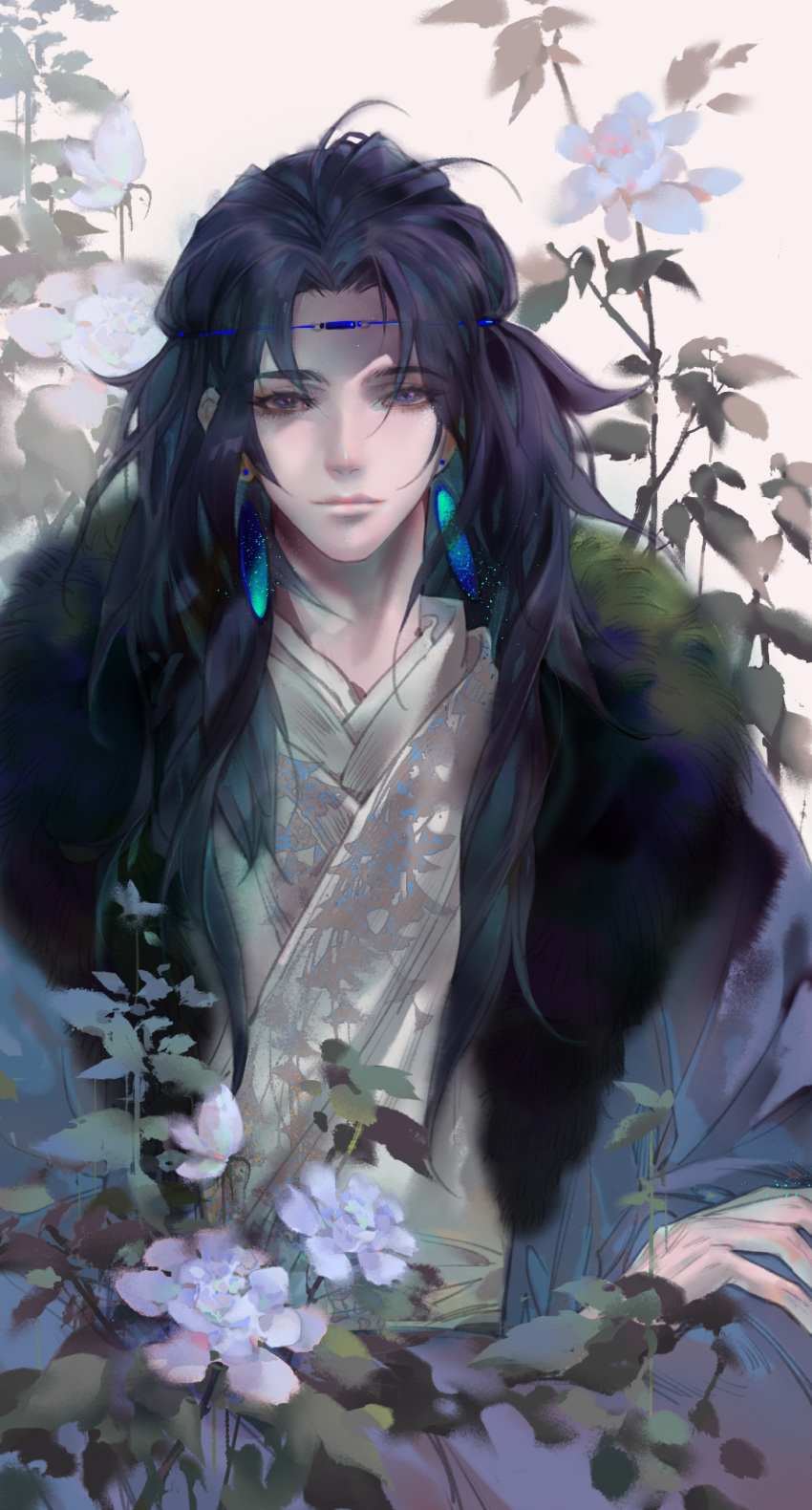1boy black_hair blue_eyes crossed_arms earrings flower highres jewelry laojun_(the_legend_of_luoxiaohei) leaf long_hair male_focus plant shadow shiyangtacit solo the_legend_of_luo_xiaohei upper_body white_flower