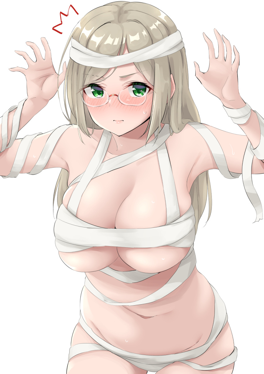 1girl ^^^ bandages blonde_hair blush breasts closed_mouth commentary glasses hands_up highres kantai_collection katori_(kancolle) large_breasts long_hair looking_at_viewer naked_bandage navel simple_background solo sweat takomeshi white_background