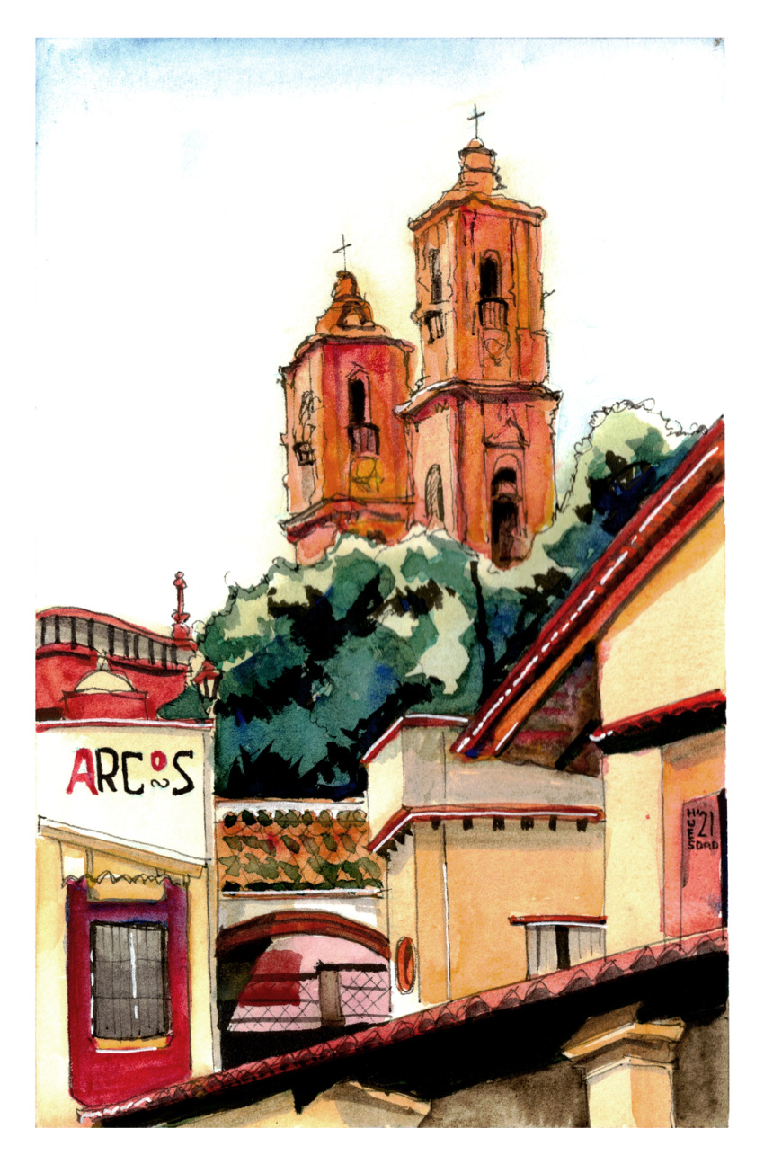 arch architecture balcony bell_tower blue_sky building church cityscape cross highres huesdad ink_(medium) lantern latin_cross mexico no_humans original painting_(medium) pillar rooftop scenery sky spanish_text taxco traditional_media tree watercolor_(medium) white_sky window