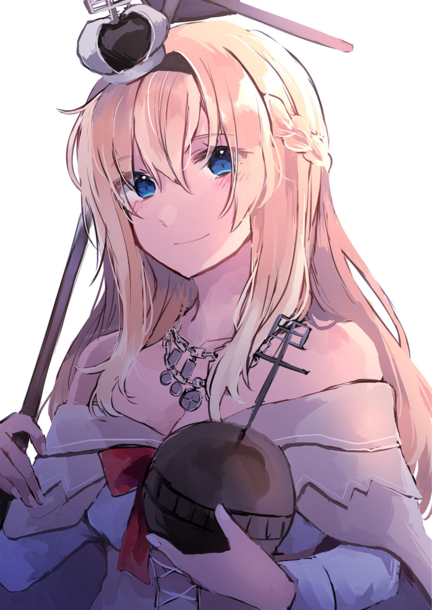 1girl amot_211 bangs blonde_hair blue_eyes blush braid breasts cleavage crown dress french_braid globus_cruciger hair_between_eyes highres holding jewelry kantai_collection long_hair long_sleeves mini_crown necklace off-shoulder_dress off_shoulder simple_background smile solo upper_body warspite_(kancolle) white_background