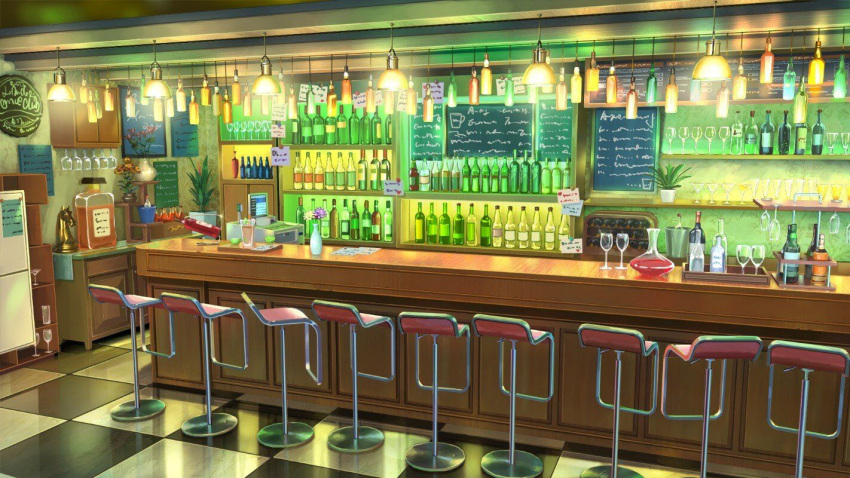 alcohol bar bottle cash_register chair checkered checkered_floor chinese_commentary commentary_request cup drinking_glass flower flower_pot glass lamp light liquor menu_board no_humans original pink_flower plant scenery shelf wine wine_glass xingzhi_lv yellow_flower