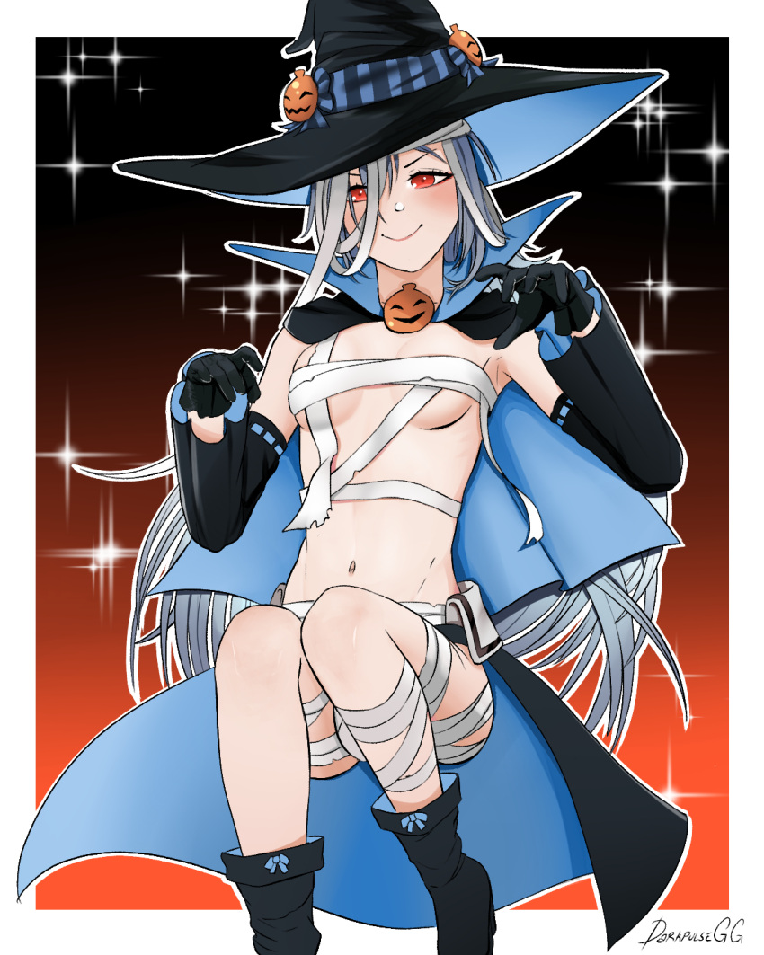 1girl artist_name bandaged_head bandaged_leg bandages black_footwear black_gloves black_headwear blue_cloak blush boots breasts cloak closed_mouth darkpulsegg eyebrows_visible_through_hair girls'_frontline gloves grey_hair halloween halloween_costume hat hat_ornament highres jack-o'-lantern_hat_ornament long_hair looking_at_viewer navel no_bra paw_pose red_eyes sarashi silver_hair simple_background small_breasts smile solo tokarev_(girls'_frontline) witch witch_hat