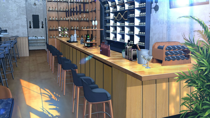 alcohol bar beer bottle bucket chair chinese_commentary commentary_request door glass highres liquor no_humans original plant scenery shadow shelf spoon sunlight table toilet wine wine_bottle wooden_floor xingzhi_lv