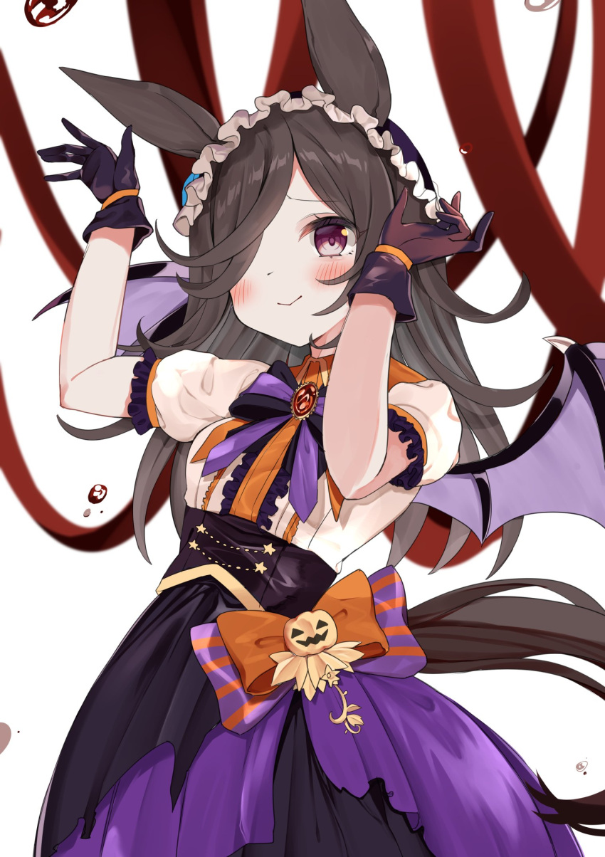 1girl agaki_anko animal_ears black_bow black_bowtie black_gloves black_skirt black_wings blush bow bowtie brooch brown_hair center_frills closed_mouth collared_shirt commentary demon_wings fangs frilled_hairband frills gloves hair_over_one_eye hairband halloween halloween_costume highres horse_ears horse_girl horse_tail jack-o'-lantern_ornament jewelry long_hair looking_at_viewer make_up_in_halloween!_(umamusume) official_alternate_costume puffy_short_sleeves puffy_sleeves purple_eyes purple_skirt rice_shower_(umamusume) shirt short_sleeves skirt smile solo standing tail umamusume white_background white_hairband white_shirt wings