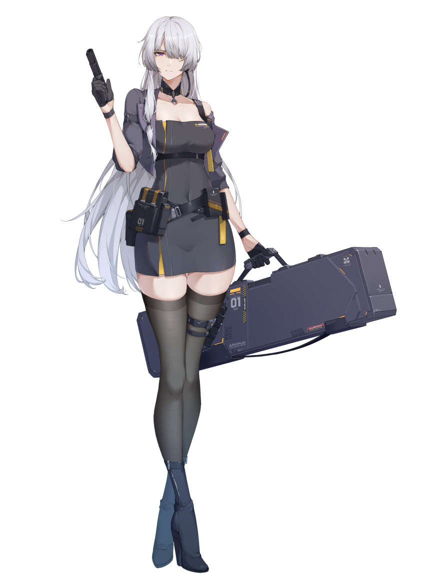 1girl absurdres ak-15_(girls'_frontline) ammunition_belt black_dress black_gloves black_legwear blue_footwear boots breasts chinese_commentary cleavage closed_mouth collarbone commentary_request covered_navel dress eyebrows_visible_through_hair full_body girls'_frontline gloves gun hair_between_eyes hair_over_one_eye handgun high_heel_boots high_heels highres holding holding_case holding_gun holding_weapon holster long_hair looking_at_viewer medium_breasts purple_eyes silver_hair solo standing thighhighs uniform very_long_hair weapon weapon_case white_background white_hair wsfw