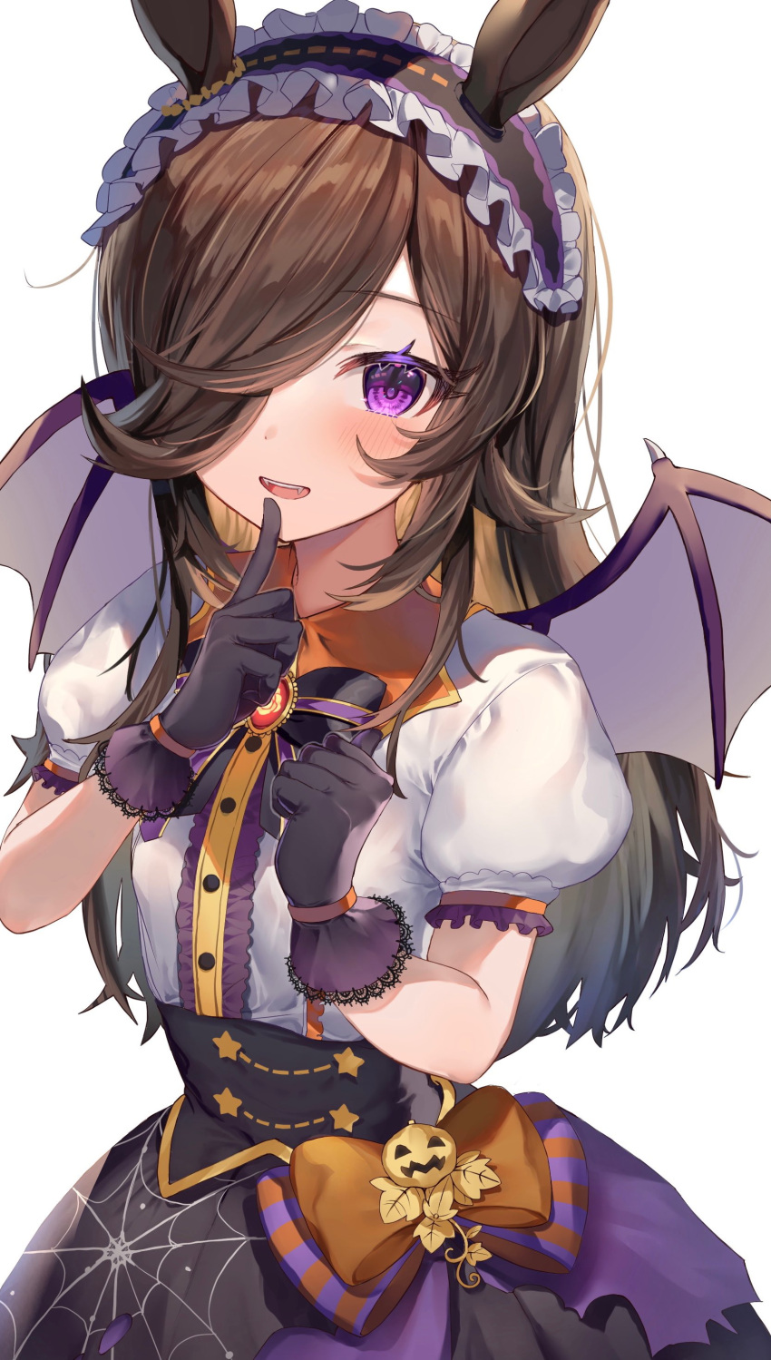 1girl absurdres animal_ears bangs bat_wings black_bow black_bowtie black_gloves black_skirt blush bow bowtie brown_hair commentary_request fangs finger_to_mouth frilled_hairband frills gloves hair_over_one_eye hairband halloween highres horse_ears horse_girl jack-o'-lantern lolita_hairband long_hair looking_at_viewer make_up_in_halloween!_(umamusume) one_eye_covered open_mouth orange_bow puffy_short_sleeves puffy_sleeves purple_eyes purple_skirt rice_shower_(umamusume) shirt short_sleeves simple_background skirt solo spider_web_print swept_bangs umamusume warayanuko white_background white_hairband white_shirt wings