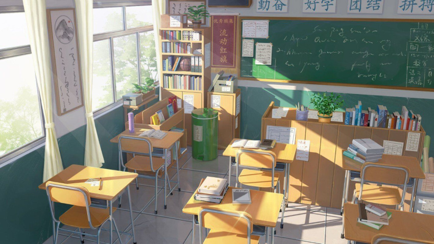 book box calligraphy chair chalkboard chinese_commentary chinese_text classroom commentary_request curtains day desk flower_pot no_humans note original painting_(object) paper plant scenery school shade shadow shelf sunlight trash_can tree window xingzhi_lv