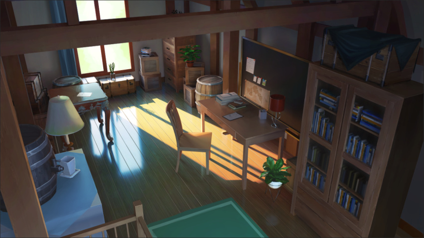 barrel board book book_stack bookshelf box carpet chair chinese_commentary commentary_request crate cup curtains day flower_pot lamp map no_humans note original plant scenery shelf sunlight table window wooden_floor xingzhi_lv