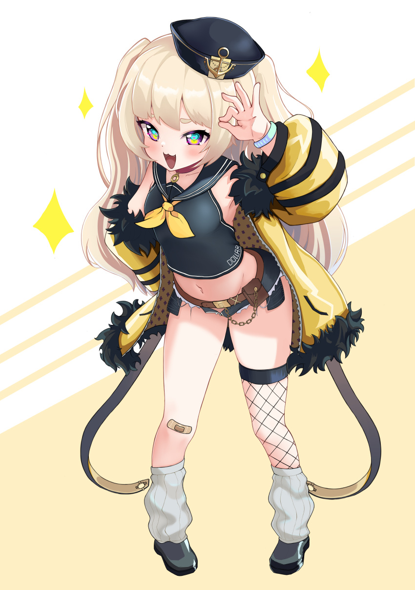 11quadrat 1girl :3 :d absurdres anchor_hat_ornament anchor_symbol arm_up armpits azur_lane bache_(azur_lane) bandaid bandaid_on_knee bangs bare_shoulders belt belt_pouch black_footwear black_headwear black_sailor_collar black_shirt blonde_hair blush breasts brown_belt chain collar collarbone commentary_request cutoffs dollar_bill exposed_pocket eyebrows_behind_hair fang fishnet_legwear fishnets full_body fur-trimmed_jacket fur_trim groin hand_on_hip hat hat_ornament heart heart-shaped_pupils highres jacket leaning_forward long_hair looking_at_viewer loose_socks micro_shorts midriff navel neckerchief off_shoulder ok_sign open_clothes open_mouth open_shorts partial_commentary pink_collar pouch purple_eyes sailor_collar sailor_hat shirt shoes shorts sidelocks single_thighhigh skindentation sleeveless sleeveless_shirt small_breasts smile solo sparkle standing symbol-shaped_pupils thighhighs two_side_up white_background white_legwear wristband yellow_background yellow_jacket yellow_neckerchief