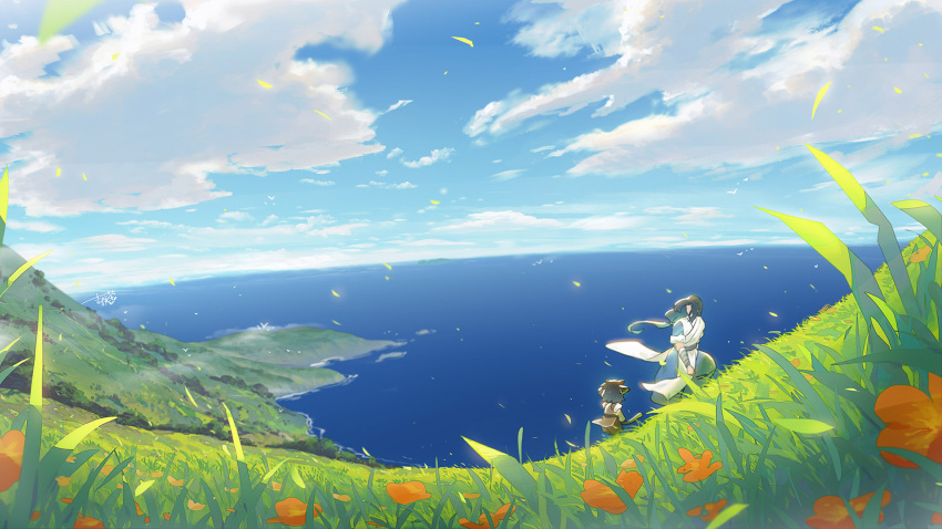 2boys black_hair blue_sky cloud cloudy_sky day flower from_behind fulushouxijixiangcha grass highres horizon long_hair luoxiaohei multiple_boys outdoors red_flower short_hair short_sleeves signature sky the_legend_of_luo_xiaohei wind wuxian_(the_legend_of_luoxiaohei)
