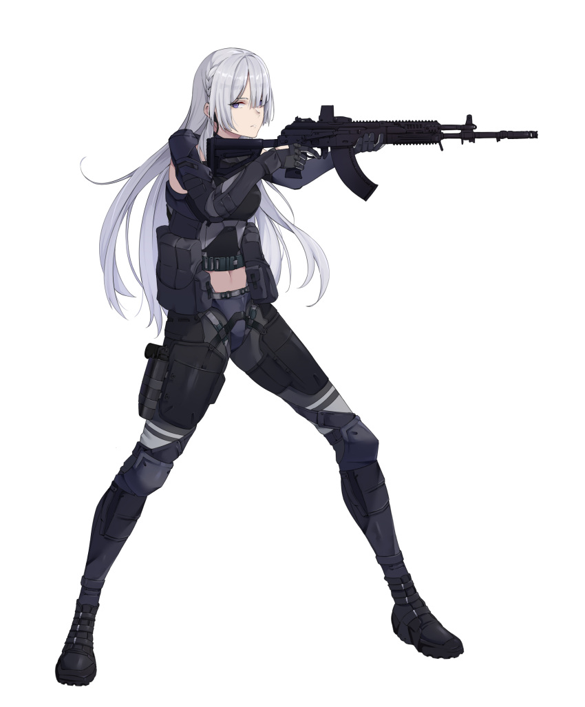 1girl ak-15 ak-15_(girls'_frontline) assault_rifle black_footwear black_gloves braid breasts closed_mouth commentary eyebrows_visible_through_hair french_braid from_side full_body girls'_frontline gloves gun headphones highres holding holding_gun holding_weapon holstered_weapon kalashnikov_rifle knee_pads long_hair looking_to_the_side navel purple_eyes rifle sidelocks silver_hair solo standing tactical_clothes weapon white_background wsfw