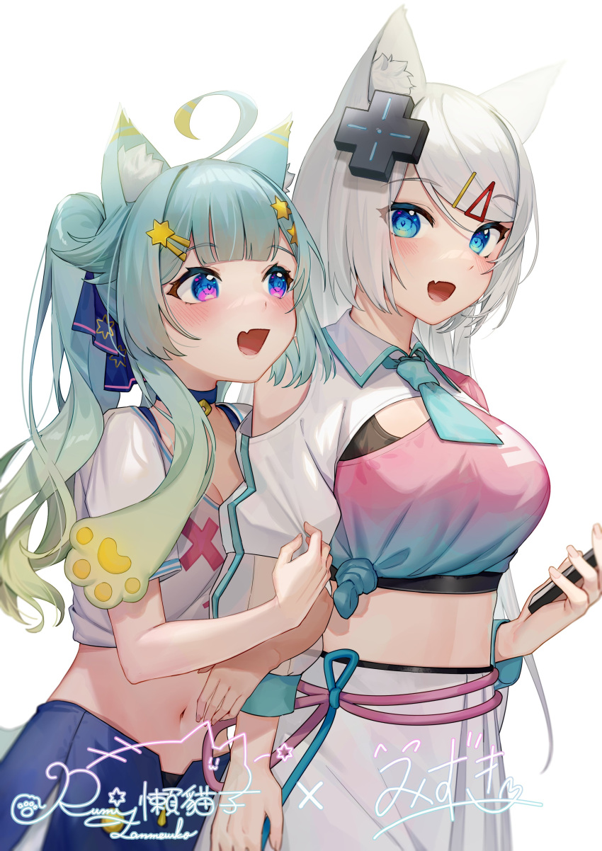 2girls :d absurdres ahoge animal_ear_fluff animal_ears bangs blue_choker blue_eyes blue_hair blue_skirt blunt_bangs blush breasts cat_ears choker collared_shirt crop_top eyebrows_visible_through_hair fang gradient_hair hair_ornament hairclip highres holding holding_another's_arm holding_phone ihachisu indie_virtual_youtuber lanmewko large_breasts long_hair midriff mizuki_(vtuber) multicolored_hair multiple_girls navel necktie open_mouth phone pink_shirt purple_eyes see-through shirt side-tie_shirt signature silver_hair simple_background skin_fang skirt small_breasts smile star_(symbol) star_hair_ornament stomach swept_bangs white_background