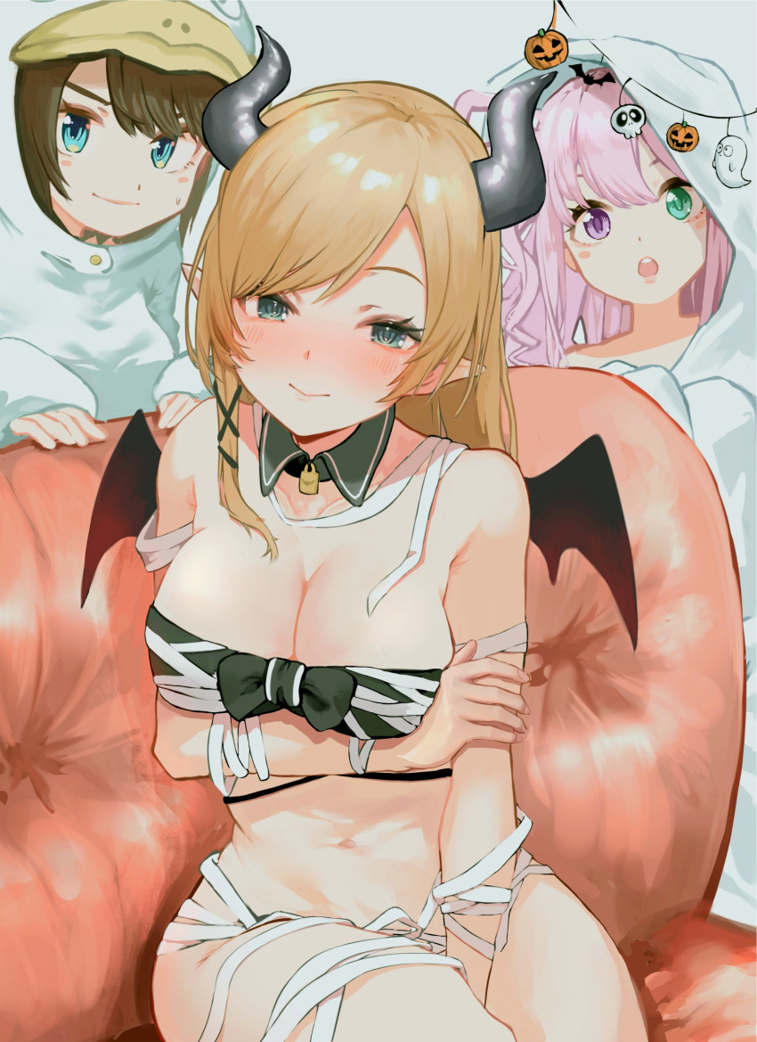 3girls bandages bandeau black_horns blonde_hair blue_eyes blush breasts cleavage closed_mouth commentary demon_girl demon_horns english_commentary front-tie_top halloween highres himemori_luna hololive horns multiple_girls oozora_subaru pointy_ears sitting smile solo_focus virtual_youtuber yamada_(iroha97151188) yuzuki_choco