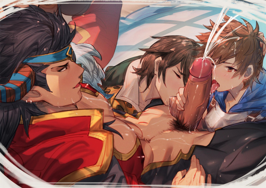 3boys bara black_hair blush cain_(granblue_fantasy) cum draph ejaculation erection eyepatch fellatio gran_(granblue_fantasy) granblue_fantasy group_sex highres horns le_zhang_zhang licking licking_penis long_sideburns male_focus male_pubic_hair mmm_threesome multiple_boys muscular muscular_male navel_hair oral pectoral_cleavage pectorals penis pubic_hair reinhardtzar short_hair sideburns sweat testicle_sucking threesome uncensored yaoi