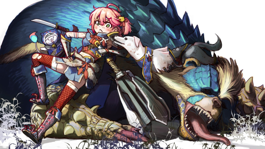 1girl :&lt; ahoge arzuros blue_skirt boots canyne closed_mouth dog felyne fold-over_boots frown grass green_eyes highres hololive kamura_(armor) medium_hair miniskirt monster monster_hunter_(series) monster_hunter_rise one_side_up pink_hair sabaku_chitai sakura_miko sash short_sword simple_background skirt sword tantou v-shaped_eyebrows virtual_youtuber weapon white_background