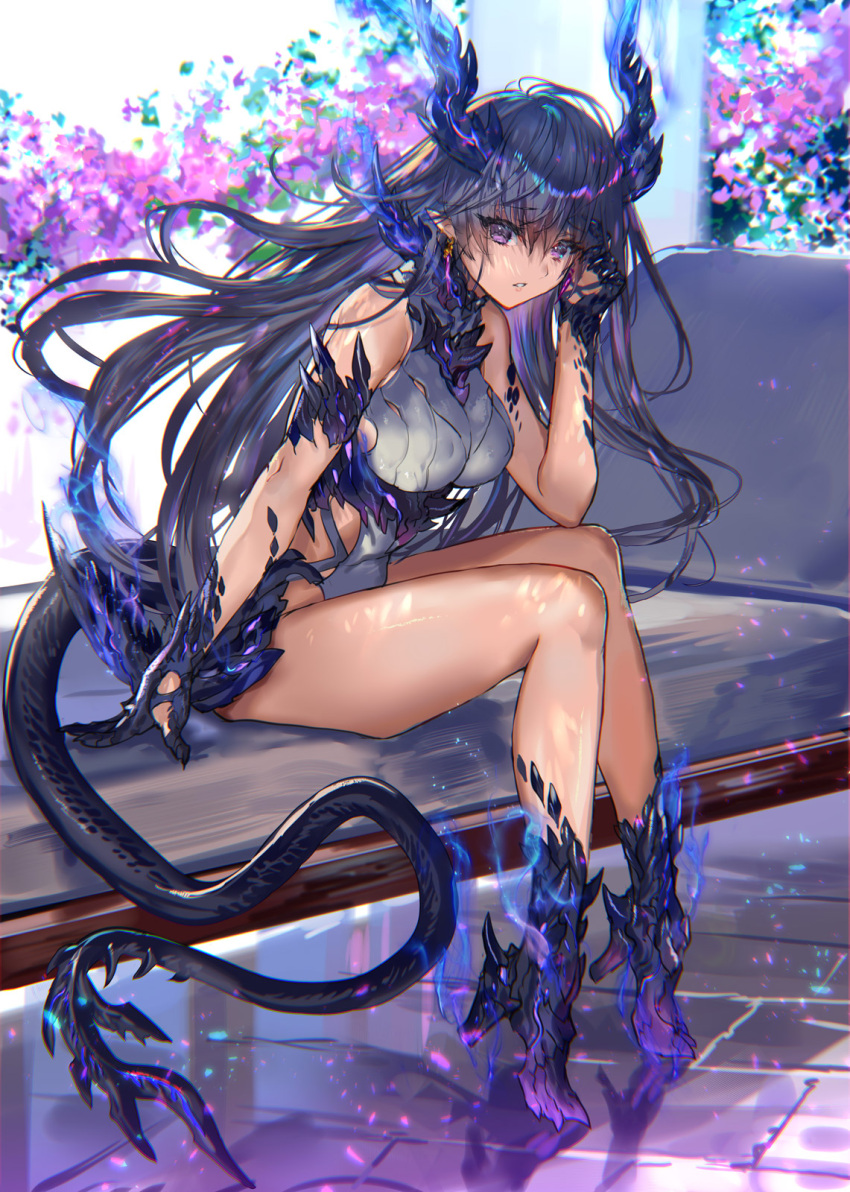 1girl bangs bare_legs bare_shoulders black_hair blue_fire breasts claws commentary_request earrings eyebrows_visible_through_hair fire flower high_heels highres horns jewelry large_breasts long_hair looking_at_viewer original parted_lips plant pointy_ears purple_eyes purple_fire purple_scales ran'ou_(tamago_no_kimi) scales shiny shiny_hair side_slit sitting solo tail thighs