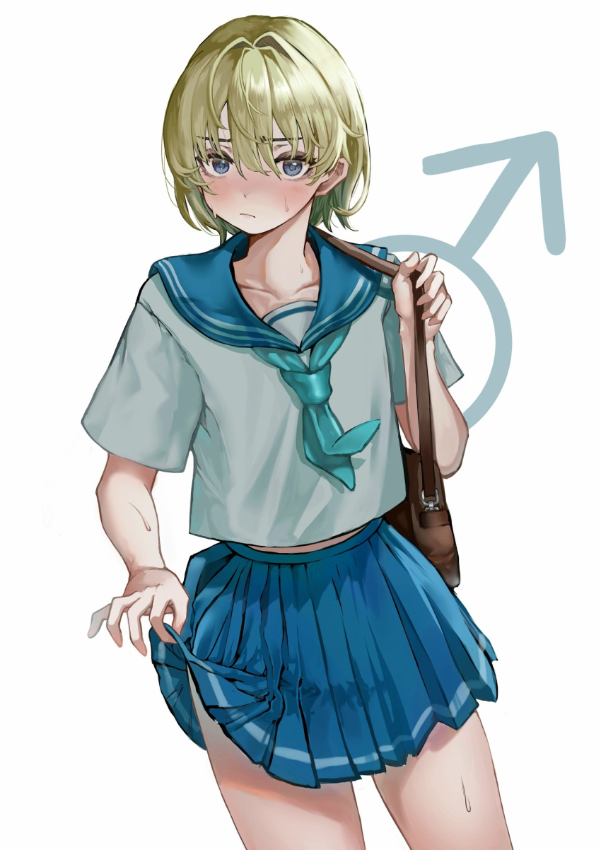 1boy aqua_neckerchief bag blonde_hair blue_eyes blush clothes_lift cowboy_shot crossdressing embarrassed highres male_focus miniskirt neckerchief original otoko_no_ko pleated_skirt sailor_collar school_bag school_uniform serafuku shirt short_hair short_sleeves skirt skirt_lift solo sweat white_shirt yamada_(iroha97151188)