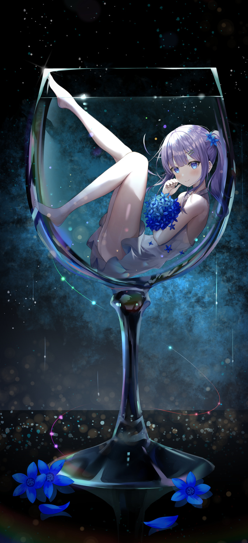 1girl absurdres bangs bare_arms bare_legs bare_shoulders barefoot blue_eyes blush bouquet breasts commentary_request cup dress drinking_glass flower hair_flower hair_ornament highres in_container in_cup incredibly_absurdres legs_up long_hair looking_at_viewer lying no_panties on_back original ponytail purple_eyes shuvi_(shuvi1125) sleeveless sleeveless_dress smile solo underwater wine_glass