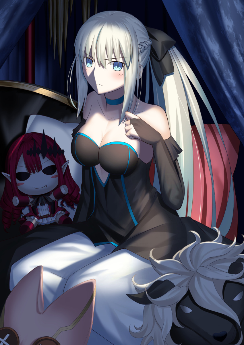 1girl bangs bare_shoulders black_bow black_dress blue_eyes blush bow braid breasts bridal_gauntlets cleavage collarbone detached_sleeves dress fairy_knight_tristan_(fate) fate/grand_order fate_(series) french_braid grey_hair habetrot_(fate) hair_bow highres large_breasts long_hair looking_at_viewer mishiro_(ixtlolton) morgan_le_fay_(fate) ponytail sidelocks stuffed_toy thighs two-tone_dress very_long_hair white_dress woodwose_(fate)