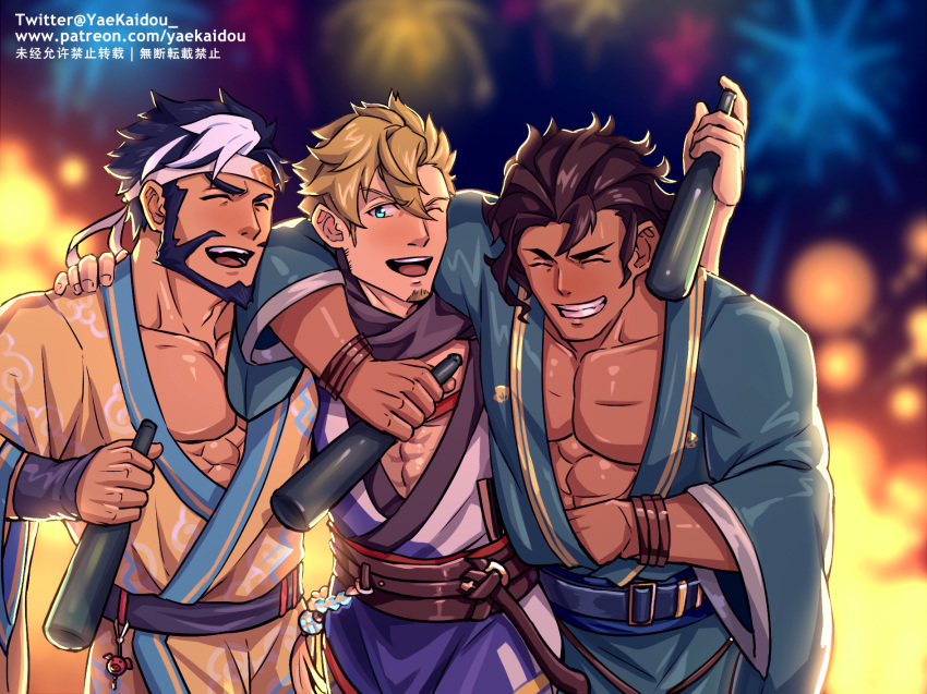 3boys abs arm_around_shoulder bara beard blue_kimono blush bottle boy_sandwich cross_scar curran_(dragalia_lost) dark-skinned_male dark_skin dragalia_lost drunk facial_hair feet_out_of_frame festival fireworks green_kimono grin hair_between_eyes headband highres holding holding_bottle japanese_clothes kimono large_pectorals long_sideburns male_focus mature_male multicolored_hair multiple_boys muscular muscular_male open_clothes open_kimono pectoral_cleavage pectorals ranzal_(dragalia_lost) sandwiched scar scar_on_face scar_on_forehead short_hair sideburns smile two-tone_hair white_hair yaosan233 yellow_kimono zhu_bajie_(dragalia_lost)