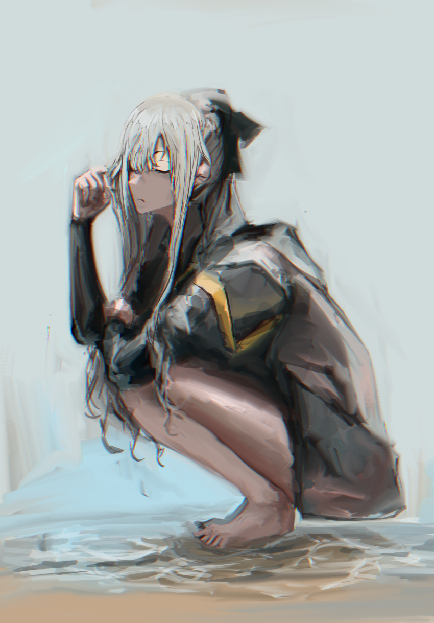 1girl absurdres ak-12_(girls'_frontline) asymmetrical_bangs bangs barefoot closed_eyes closed_mouth commentary dashimaki_(dasimakitama50) full_body girls'_frontline grey_background grey_hair highres jacket long_hair long_sleeves sidelocks simple_background solo squatting water