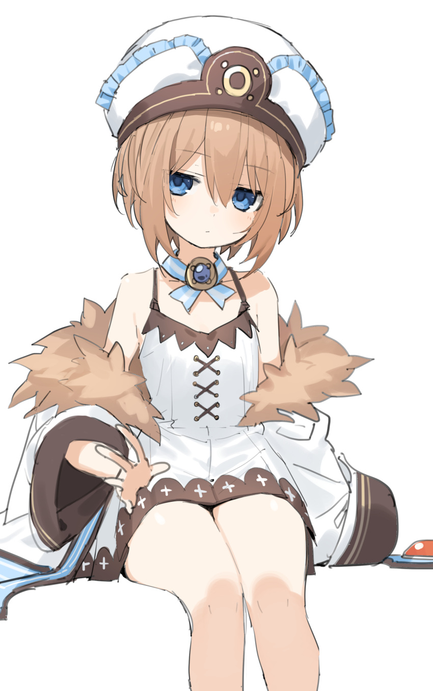 1girl absurdres bangs blanc_(neptune_series) blue_eyes buran_buta dress eyebrows_visible_through_hair flat_chest fur_trim hair_between_eyes hat highres jacket light_brown_hair looking_at_viewer neptune_(series) outstretched_arm short_hair simple_background solo spaghetti_strap white_background white_dress white_headwear white_jacket wide_sleeves