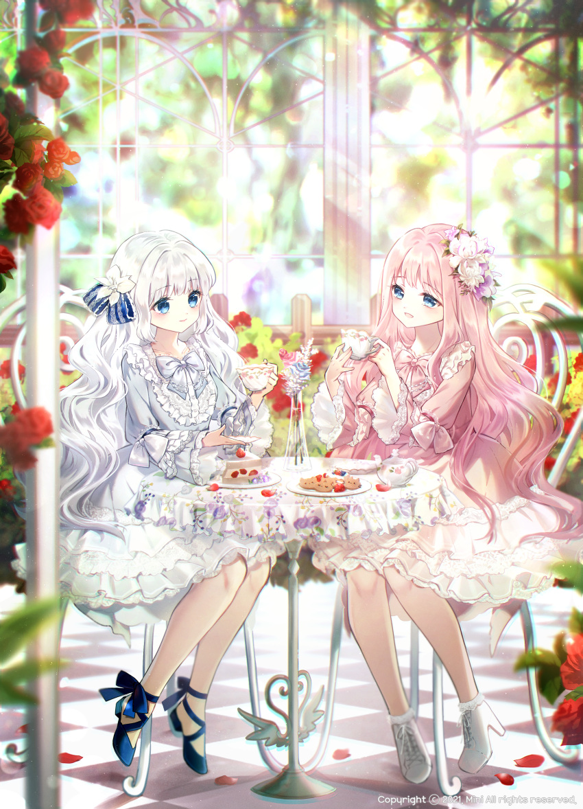 2girls :d absurdres blue_eyes blue_flower blue_footwear blue_rose blurry blurry_background cake cake_slice checkered checkered_floor closed_mouth commentary commission cup danby_merong day depth_of_field dress flower food fruit grey_dress high_heels highres holding holding_cup indoors long_hair long_sleeves multiple_girls original petals pink_dress pink_flower pink_hair pink_rose plate rose shoes smile strawberry symbol-only_commentary table teapot very_long_hair watermark white_footwear white_hair wide_sleeves