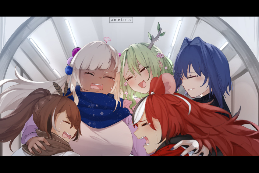 5girls ameiarts animal_ears antlers black_hair black_sweater blonde_hair blue_hair blue_scarf blush breasts brown_hair brown_scarf ceres_fauna crying dark-skinned_female dark_skin english_commentary floating_hair flower green_hair hair_flower hair_intakes hair_ornament hakos_baelz highres holocouncil hololive hololive_english large_breasts limiter_(tsukumo_sana) mole mole_under_eye mouse_ears mouse_girl multiple_girls nanashi_mumei ouro_kronii parted_lips pink_flower ponytail red_hair scarf sharp_teeth smile sweater teeth tsukumo_sana twintails virtual_youtuber white_hair