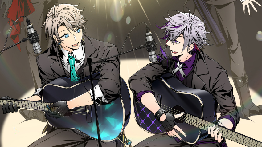 4boys :d bangs black_footwear black_gloves black_jacket black_pants blue_eyes blue_neckwear collared_shirt commentary_request dress_shirt earrings eye_contact eyebrows_visible_through_hair fingerless_gloves fuwa_minato gloves grey_hair guitar hair_between_eyes highres holding holding_instrument instrument jacket jewelry jh kaida_haru looking_at_another male_focus microphone multiple_boys necktie nijisanji pants purple_eyes purple_hair purple_shirt red_hair shirt shoes sitting smile standing teeth upper_teeth virtual_youtuber white_shirt