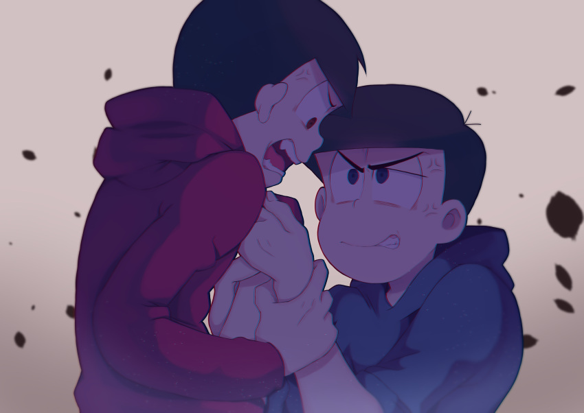 2boys absurdres angry blue_hoodie brothers fighting highres hood hoodie male_focus matsuno_karamatsu matsuno_osomatsu multiple_boys osomatsu-san red_hoodie siblings sound_bell