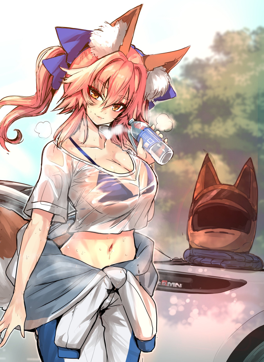 1girl absurdres animal_ears bangs blurry blurry_background bottle bow bra breasts breath cleavage closed_mouth collarbone cowboy_shot eyebrows_visible_through_hair fate/extra fate_(series) fox_ears fox_girl fox_tail hair_bow hand_up highres long_hair looking_at_viewer midriff navel see-through short_sleeves sidelocks smile solo standing sweat tail tamamo_(fate) tamamo_no_mae_(fate/extra) underwear wisespeak