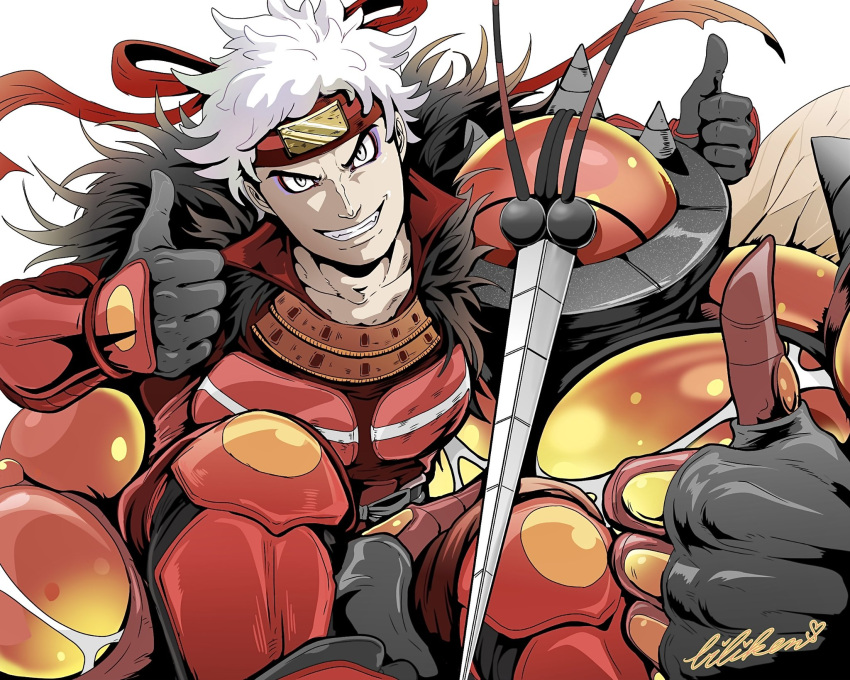 1boy armor biliken black_hair buzzwole commentary_request double_thumbs_up eyeshadow grey_eyes grin guzma_(pokemon) headband highres looking_at_viewer makeup male_focus multicolored_hair official_alternate_costume pokemon pokemon_(creature) pokemon_(game) pokemon_masters_ex red_headband signature smile team_skull teeth thumbs_up two-tone_hair ultra_beast white_background white_hair