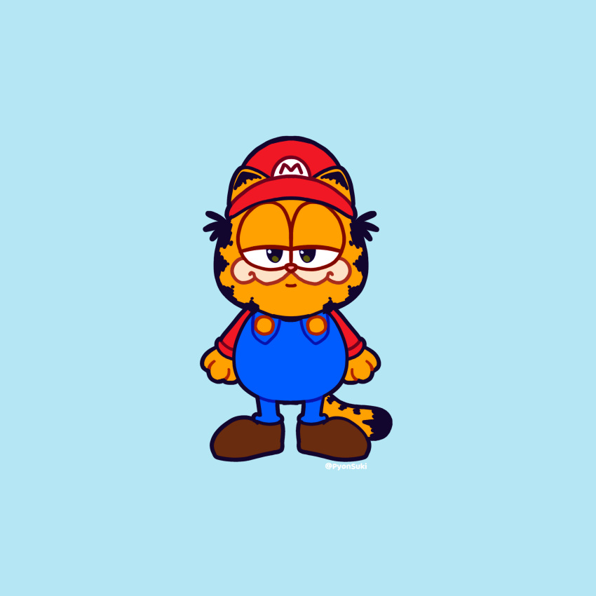 absurdres blue_background brown_eyes brown_footwear cat chris_pratt commentary cosplay english_commentary garfield garfield_(character) highres looking_at_viewer mario mario_(cosplay) mario_(series) no_humans overalls pyonsuki red_headwear solo super_mario_bros._(2022_film) tail voice_actor_connection