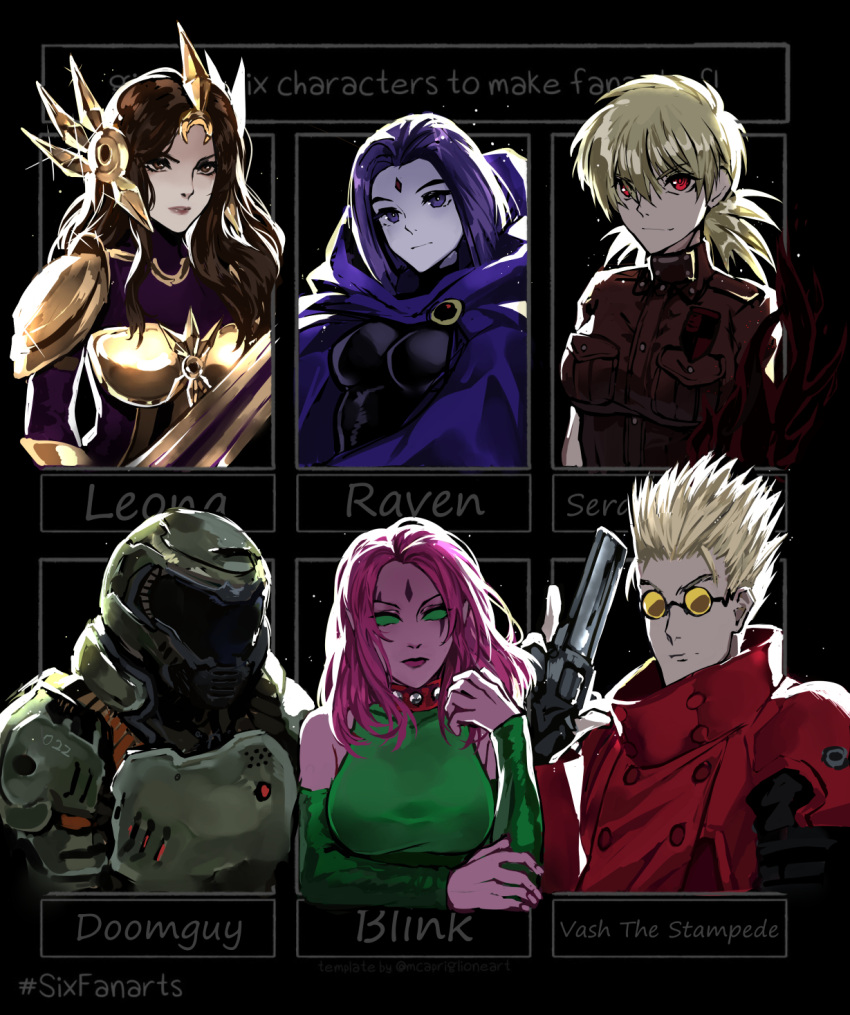 2boys 4girls armor black_bodysuit blink_(x-men) blonde_hair blue_cape bodysuit breasts brown_eyes brown_hair buttons cape character_name closed_mouth coat colored_skin dc_comics detached_sleeves doom_(series) doomguy double-breasted facial_mark forehead_mark full_armor glasses green_eyes grey_skin gun handgun hellsing highres holding holding_gun holding_sword holding_weapon hood hood_up hooded_cape jacket large_breasts league_of_legends leona_(league_of_legends) light_smile long_hair looking_at_viewer marvel medium_breasts medium_hair multiple_boys multiple_girls pauldrons pink_hair pink_skin purple_eyes purple_hair raven_(dc) red_coat red_eyes red_jacket revolver round_eyewear seras_victoria shoulder_armor six_fanarts_challenge smile sword teen_titans tinted_eyewear trigun vash_the_stampede weapon x-men yellow-tinted_eyewear zakirsiz