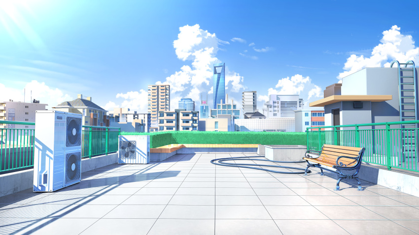 absurdres air_conditioner apartment bench blue_sky building bush chinese_commentary city cityscape cloud commentary_request day highres house ladder no_humans original plant rooftop scenery seat shadow shanghai sky skyscraper sunlight xingzhi_lv