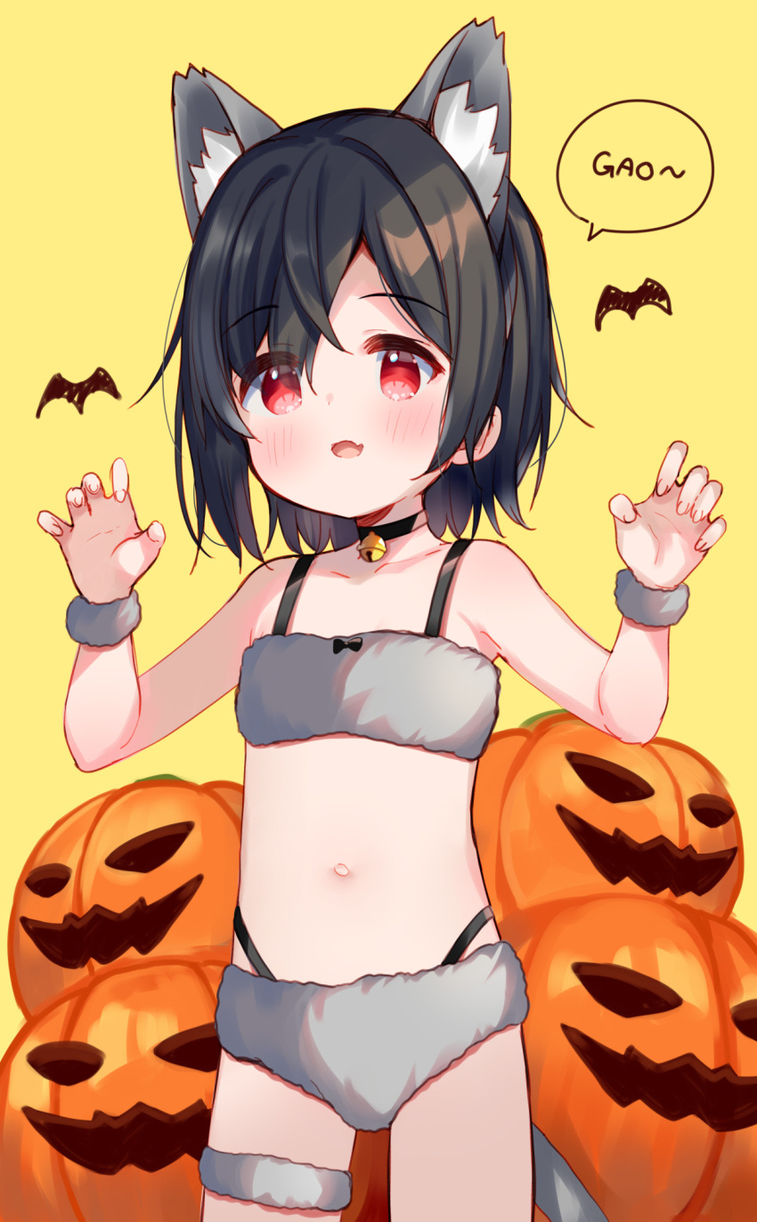 1girl :d animal animal_ear_fluff animal_ears bangs bare_shoulders bat bell bikini black_choker black_hair choker commentary cowboy_shot eyebrows_visible_through_hair eyes_visible_through_hair fang fur_bikini gao grey_bikini hair_over_one_eye hands_up highres jack-o'-lantern jingle_bell looking_at_viewer meito_(maze) navel neck_bell original red_eyes simple_background smile solo standing swimsuit symbol-only_commentary tail yellow_background