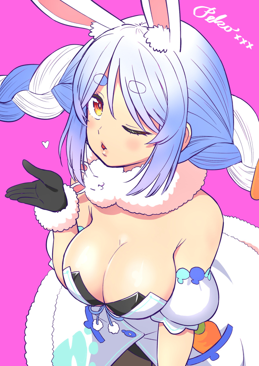 1girl :o alternate_breast_size animal_ear_fluff animal_ears black_bra black_gloves blowing_kiss blue_hair blush bra braid breasts bunny-shaped_pupils catchphrase detached_sleeves dress gloves hand_up heart highres hololive large_breasts multicolored_hair one_eye_closed parted_lips pink_background puffy_detached_sleeves puffy_short_sleeves puffy_sleeves rabbit_ears red_eyes sabaku_chitai short_sleeves simple_background solo symbol-shaped_pupils twin_braids two-tone_hair underwear usada_pekora virtual_youtuber white_dress white_hair