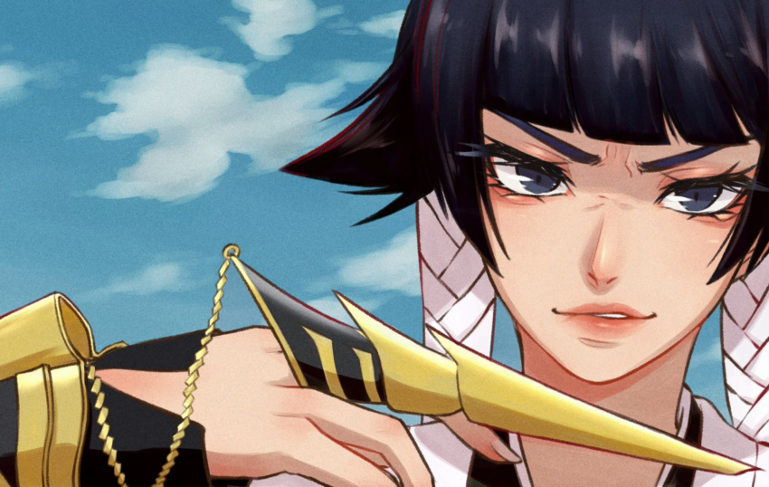 1girl bangs black_eyes black_hair bleach blue_sky blunt_bangs claw_ring commentary day derivative_work english_commentary hair_tubes hand_up highres looking_at_viewer mugen0017 outdoors parted_lips pink_lips portrait sanpaku screencap_redraw shikai sky smile smirk solo sui-feng zanpakutou