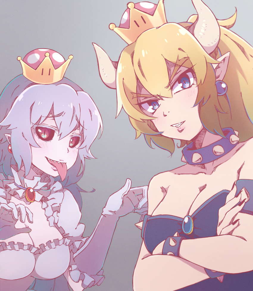 2girls armlet black_sclera blonde_hair blue_eyes bowsette bracelet breasts brooch cleavage collar colored_sclera crossed_arms dress earrings gloves grey_background grey_dress grey_gloves grey_hair highres horns jewelry kukie-nyan large_breasts long_hair looking_at_viewer luigi's_mansion mario_(series) multiple_girls new_super_mario_bros._u_deluxe pointy_ears ponytail princess_king_boo puffy_short_sleeves puffy_sleeves red_eyes sharp_teeth short_sleeves smile spiked_armlet spiked_bracelet spiked_collar spikes super_crown teeth tongue tongue_out