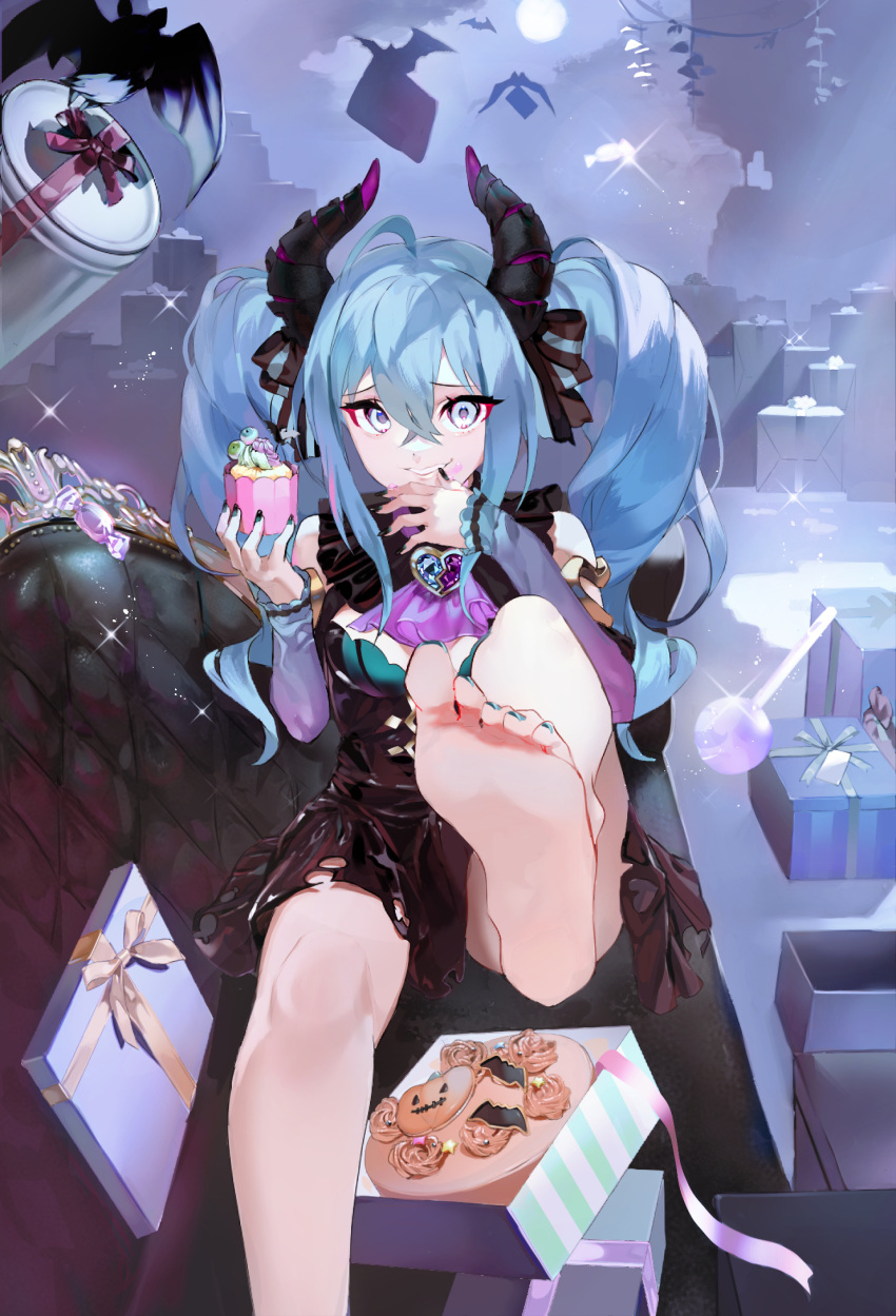 1girl barefoot bat black_dress black_nails blue_eyes blue_hair blue_nails borrowed_design box cake candy commentary couch cream cupcake detached_sleeves dragon_horns dress feet feet_up finger_to_mouth food foot_focus foreshortening full_moon furrowed_brow gift gift_box grin halloween hatsune_miku highres holding holding_food horns jack-o'-lantern kazo_(apap023451) lollipop long_hair moon nail_polish night open_box purple_sleeves silhouette sitting sleeveless sleeveless_dress smile soles solo toenail_polish toenails toes torn_clothes torn_dress twintails vocaloid