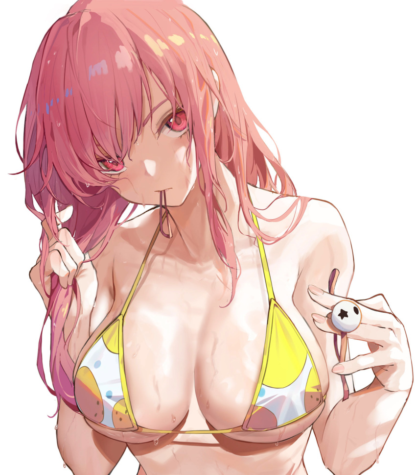 1girl alternate_hairstyle azur_lane bare_arms bare_shoulders blush breasts chinese_commentary cleavage collarbone commentary_request dead_or_alive hair_down hair_tie hair_tie_in_mouth highres holding honoka_(doa) honoka_(summer_angel_on_the_shore)_(doa) large_breasts long_hair looking_at_viewer luobo_(nsnr8754) mouth_hold pink_eyes pink_hair revision rock simple_background solo star_(symbol) two-tone_bikini tying_hair upper_body wet wet_hair white_background