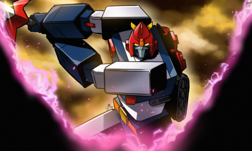 choudenji_machine_voltes_v cloud cloudy_sky commentary finishing_move glowing glowing_eyes highres jazz_jack looking_at_viewer mecha no_humans signature sky slashing solo sword voltes_v_(mecha) weapon yellow_eyes yellow_sky