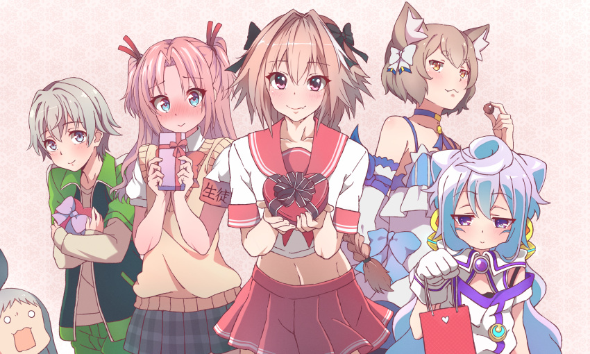 6+boys :&gt; :3 absurdres animal_ear_fluff animal_ears arikawa_hime armband arms_up astolfo_(fate) bag bangs bare_shoulders blend_s blue_choker blue_eyes blue_hair blue_skirt blush box braid braided_ponytail brooch cat_ears chocolate choker collarbone cowboy_shot crossed_arms crossover dress elbow_gloves embarrassed eyebrows_visible_through_hair fang fang_out fate/grand_order fate_(series) felix_argyle food gift gift_bag gift_box gloves green_pants hacka_doll hacka_doll_3 hair_between_eyes hair_ribbon heart-shaped_box highres himegoto holding holding_bag holding_box holding_chocolate holding_food jacket jewelry kanzaki_hideri kukie-nyan layered_sleeves leaning_forward light_brown_hair long_hair long_sleeves looking_at_another looking_at_viewer male_focus midriff multiple_boys multiple_crossover o_o object_hug open_mouth orange_eyes otoko_no_ko pants pantyhose parted_bangs pink_background pink_eyes pink_hair plaid plaid_skirt pleated_skirt purple_eyes re:zero_kara_hajimeru_isekai_seikatsu red_sailor_collar red_skirt ribbon sailor_collar school_uniform serafuku shirt short_hair short_over_long_sleeves short_sleeves silver_hair single_braid skirt sleeveless sleeveless_dress smile sweater_vest totsuka_saika track_jacket trait_connection twintails upper_body valentine white_gloves white_shirt yahari_ore_no_seishun_lovecome_wa_machigatteiru.