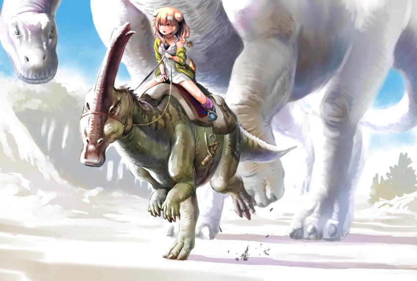 1girl animal_ears ark_survival_evolved blue_footwear bone_hair_ornament bracelet brachiosaurus braid brown_eyes brown_hair day dinosaur dog_ears dog_tail dress hair_ornament highres hololive inugami_korone jacket jewelry long_hair outdoors parasaurolophus parted_lips riding sabaku_chitai saddle shoes tail twin_braids virtual_youtuber white_dress yellow_jacket