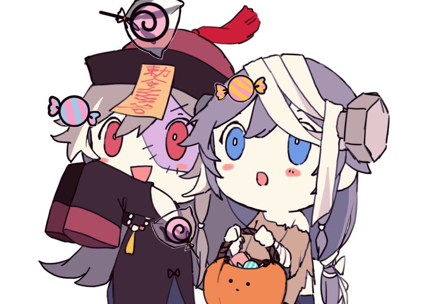 2girls :d :o bangs black_hair blue_eyes blush candy chibi cosplay dual_persona food frankenstein's_monster frankenstein's_monster_(cosplay) fu_hua fu_hua_(herrscher_of_sentience) hair_between_eyes halloween halloween_bucket halloween_costume highres honkai_(series) honkai_impact_3rd jiangshi long_sleeves multiple_girls omutu_0809 open_mouth red_eyes simple_background smile torn_clothes trick_or_treat v-shaped_eyebrows white_background younger