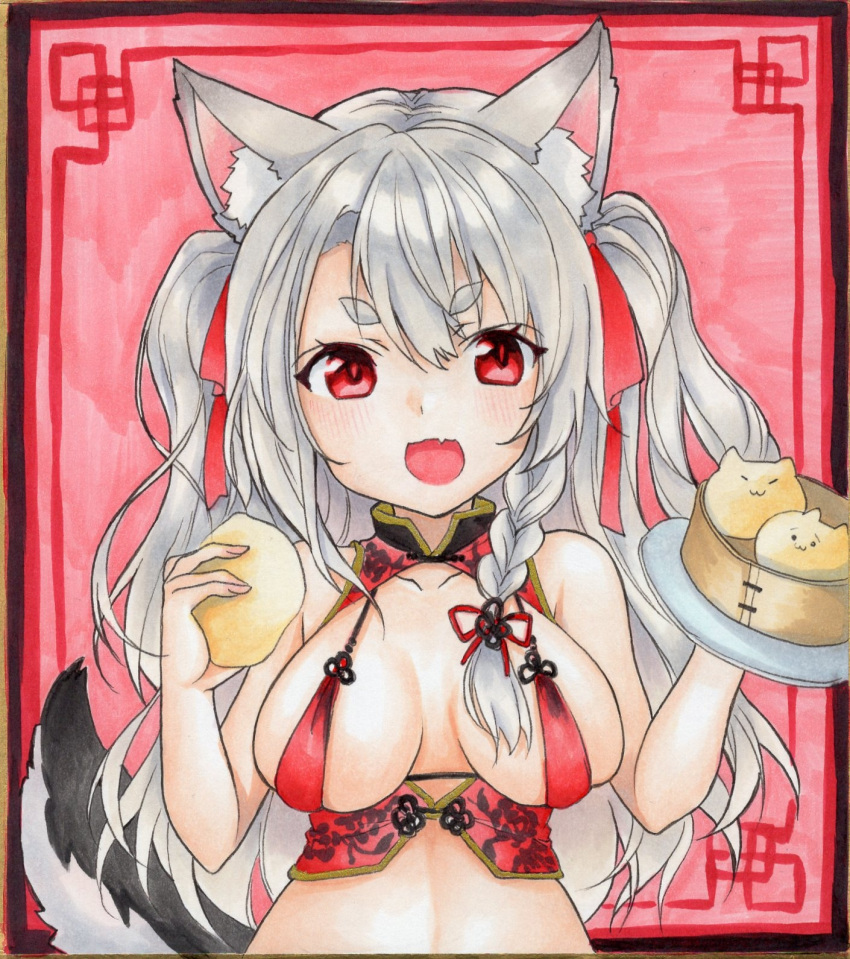 1girl :3 airi_(akamichiaika) animal_ear_fluff animal_ears azur_lane baozi bare_shoulders braid breasts breasts_apart chinese_clothes collarbone eyebrows_visible_through_hair fang food grey_hair hair_between_eyes hair_ribbon highres holding holding_food holding_tray long_hair looking_at_viewer marker_(medium) medium_breasts open_mouth red_eyes red_ribbon revealing_clothes ribbon short_twintails skin_fang solo tail thick_eyebrows traditional_media tray twintails upper_body wolf_ears wolf_girl wolf_tail yuudachi_(azur_lane)