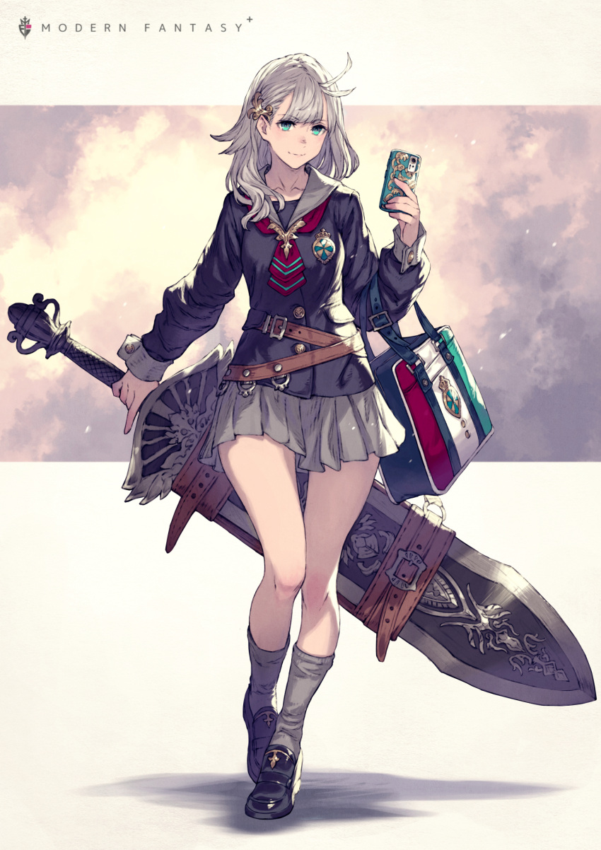 1girl bag belt black_footwear brown_belt cellphone closed_mouth cloud cloudy_sky commentary_request full_body green_eyes grey_hair grey_legwear hair_ornament handbag highres holding holding_phone holding_sword holding_weapon huge_weapon kusano_shinta long_hair long_sleeves looking_at_viewer neckerchief original phone pleated_skirt red_neckerchief revision sailor_collar school_uniform skirt sky smartphone smile standing striped striped_neckerchief sword title weapon yellow_background
